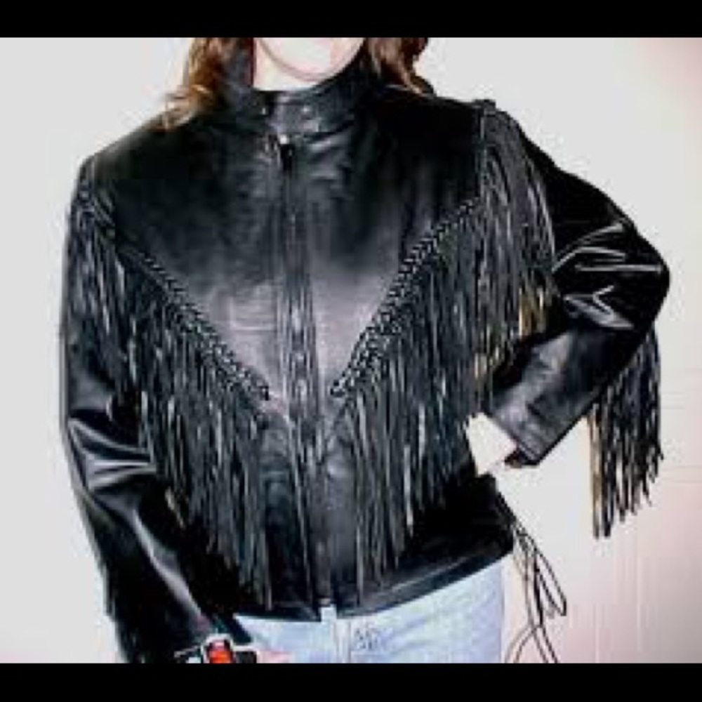 Women’s Black Leather Jacket with Fringes